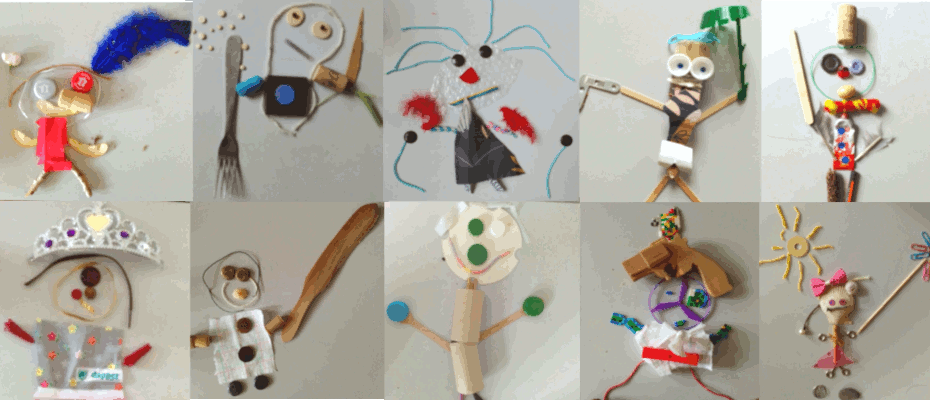 Montage de photos de personnages créés en matériaux recyclés