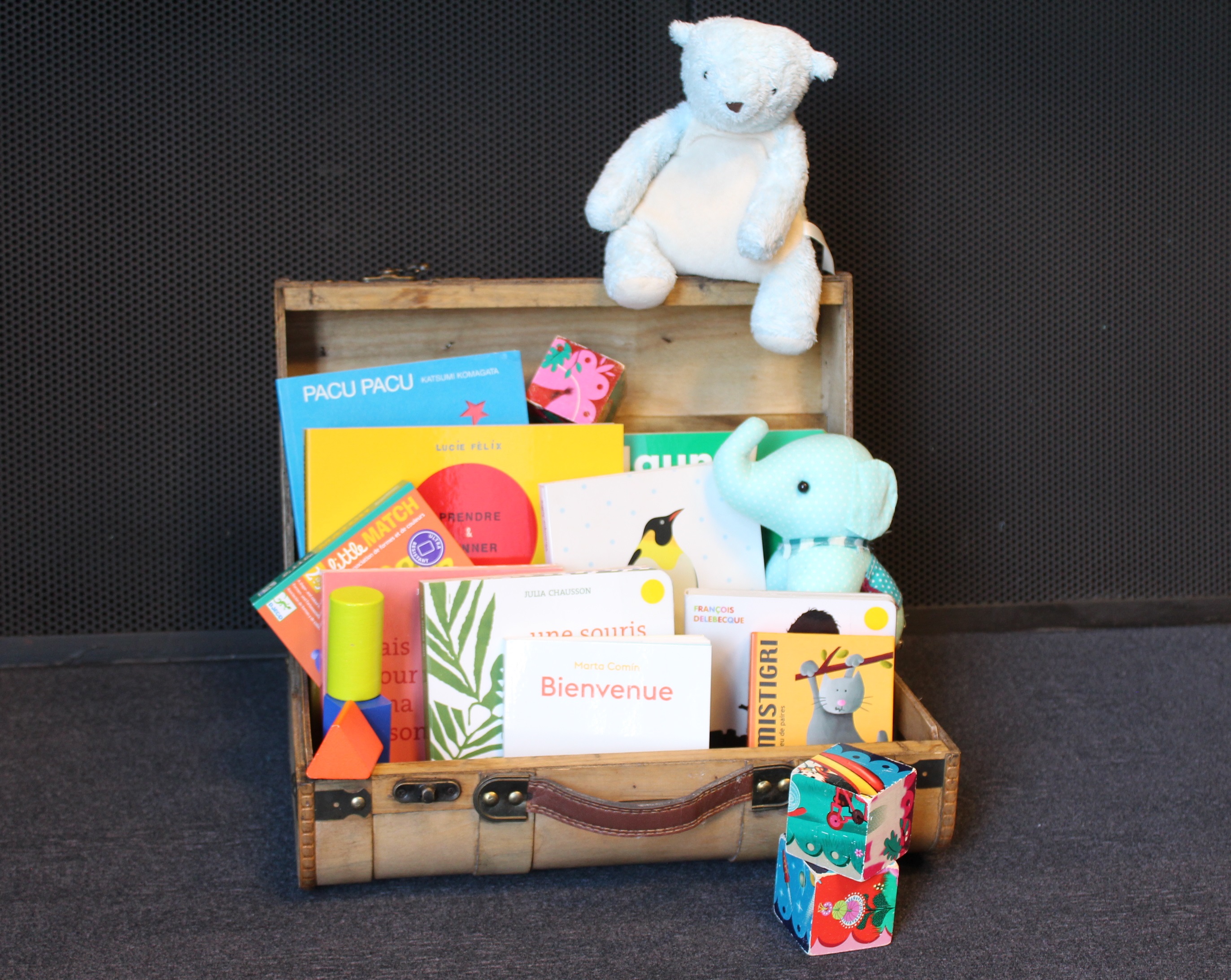 Valise ouverte contenant des doudous et des livres pour enfants