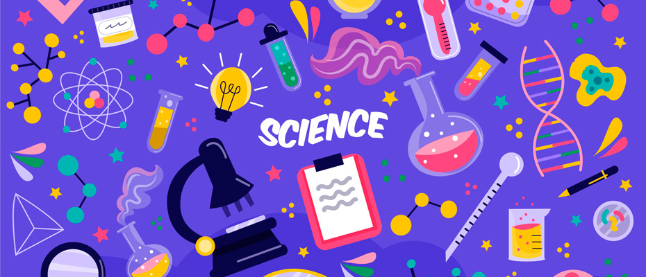 Image vectorielle avec plein d'accessoires scientifiques aux couleurs vives sur fond violet