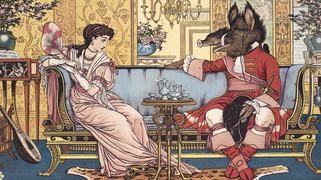 Illustration de la Belle et la Bête sur un canapé par Walter Carne