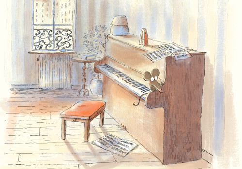Illustration à l'aquarelle d'une souris assise sur un piano, salon d'appartement parisien 