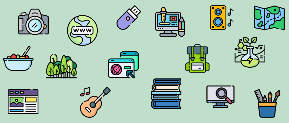 Des pictogrammes (appareil photo, guitare, sac à dos, pot de pinceaux, clé usb, écrans, bol de salade de fruits...) sur un fond vert clair