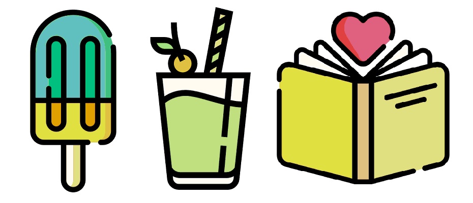 3 icons : un batônet de glace, un verre et un livre ouvert avec un coeur