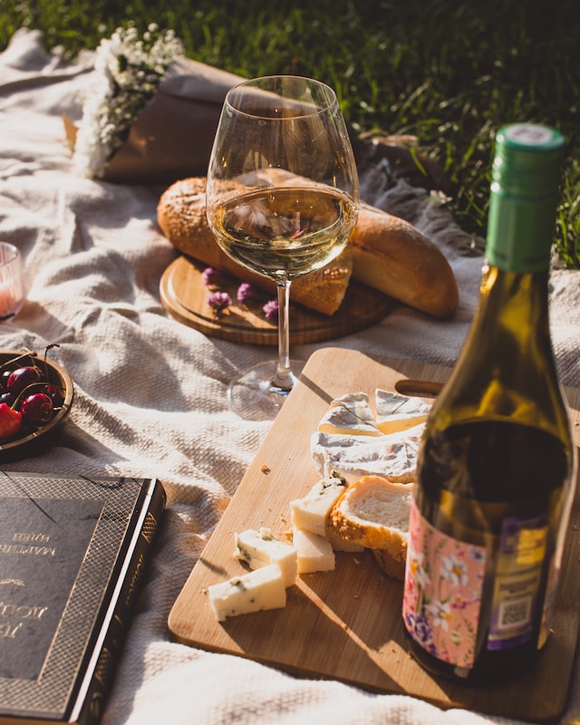 nappe de pique-nique sur laquelle sont disposés une bouteille de vin, un verre à pied, un plateau de fromages et un livre