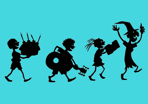 Silhouettes de personnages sur fond bleu