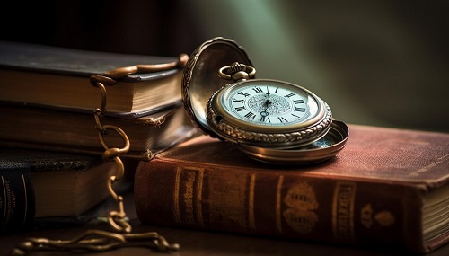 pile de livres et une montre ancienne