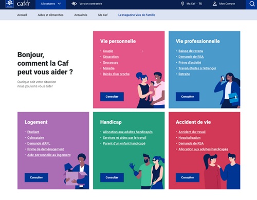 Capture d'écran de la page d'accueil du site caf.fr avec plusieurs blocs de couleurs et du texte
