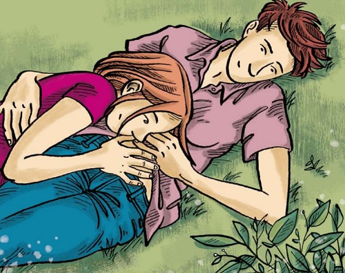 dessin de deux femmes allongées dans l'herbe