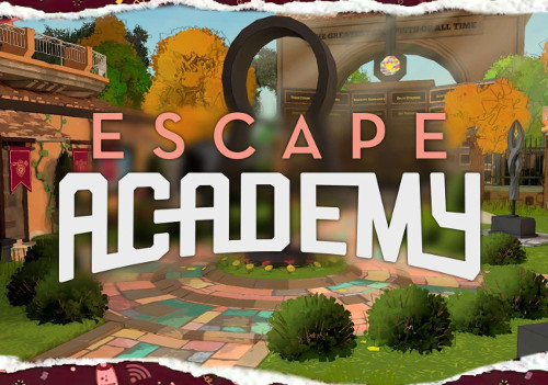 Texte Escape Academy sur décor de jeu vidéo