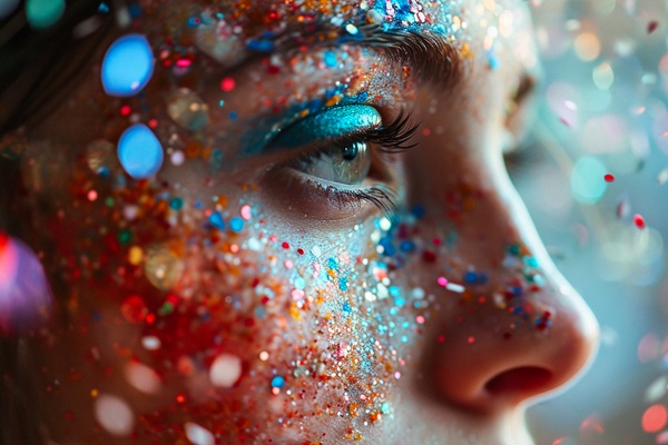 profil d'un visage de femme aux yeux pailletés à travers un lancé de confettis 