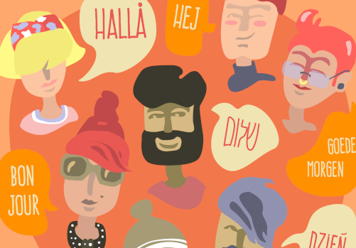 Visages dessinés avec mots dans plusieurs langues