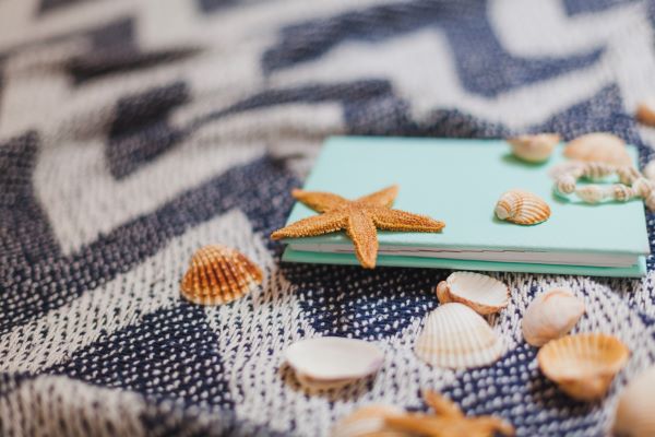 Livre sur serviette de plage avec coquillages et étoile de mer