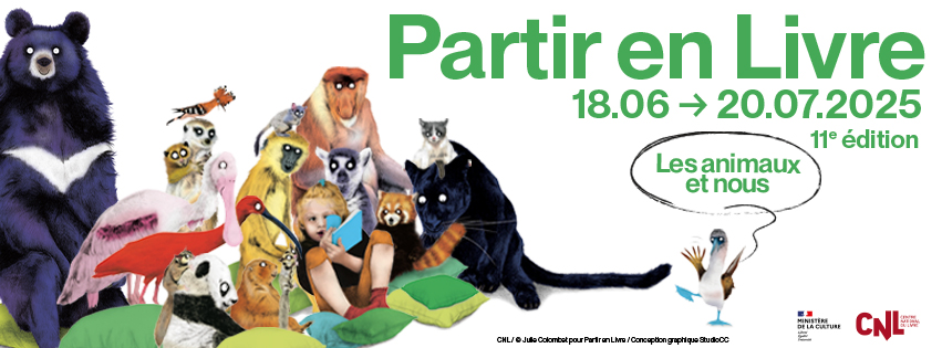 Dessin de divers animaux avec mention Partir en livre