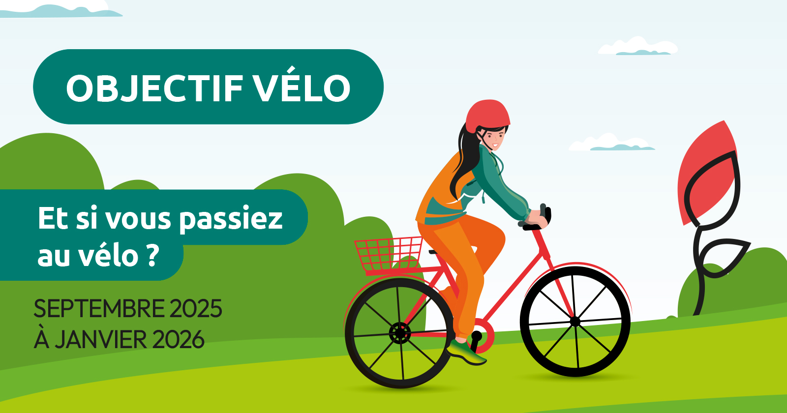 illustration graphique représentant une femme en vélo dans un environnement naturel.