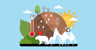 illustration représentant la fonte des glaces, la montée des températures et peu de végétaux 