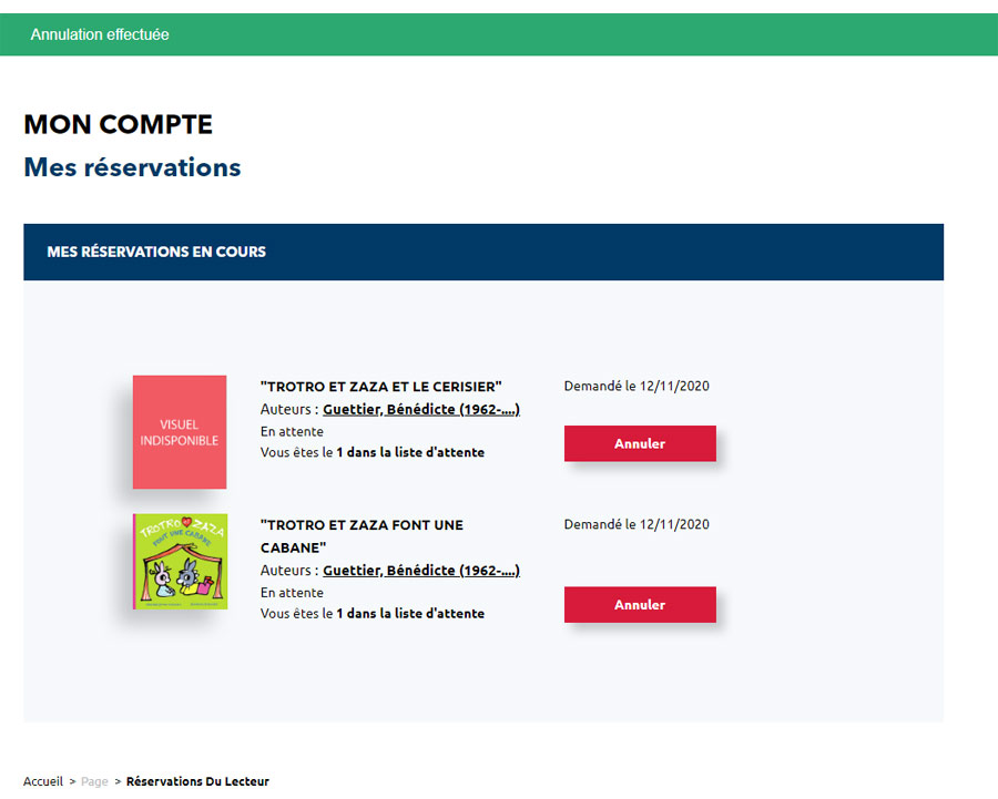 Rubrique Mes reservations - bouton annuler